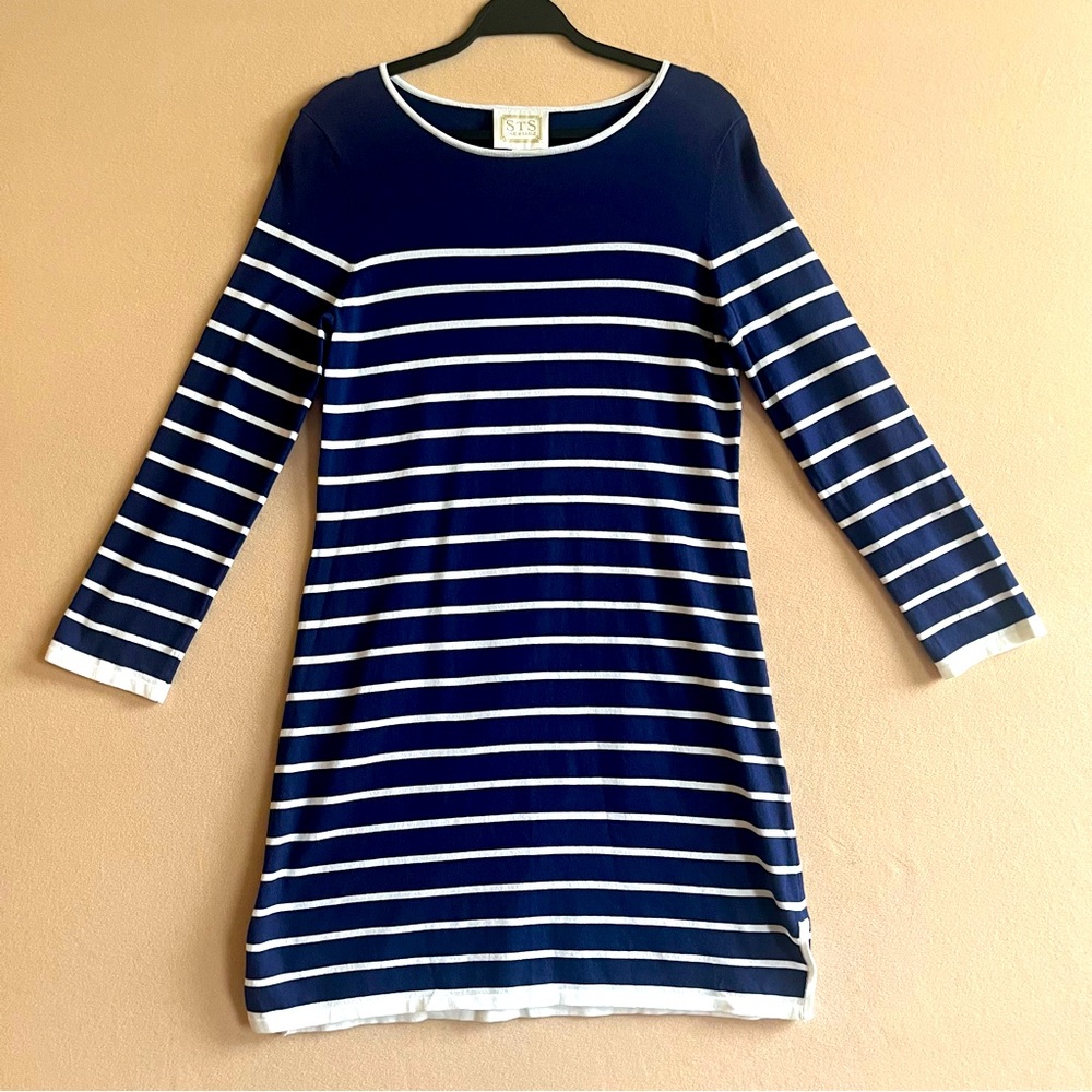 Sail to Sable NEW Navy White Striped Shift Dress Long Sleeve Nautical Coastal M - Picture 2 of 12